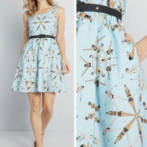 Modcloth Light Blue Vintage Swim Pattern Fit-and-Flare Dress